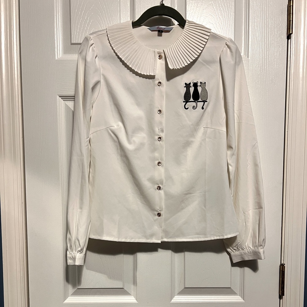 Banned Retro 1950's Creative Cat Vintage Pleated Peter Pan Collar Blouse White